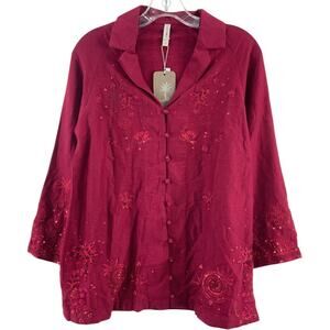 Ethnic Red Floral Embroidered Acrylic Button-Up Top Women's Size XS NWT